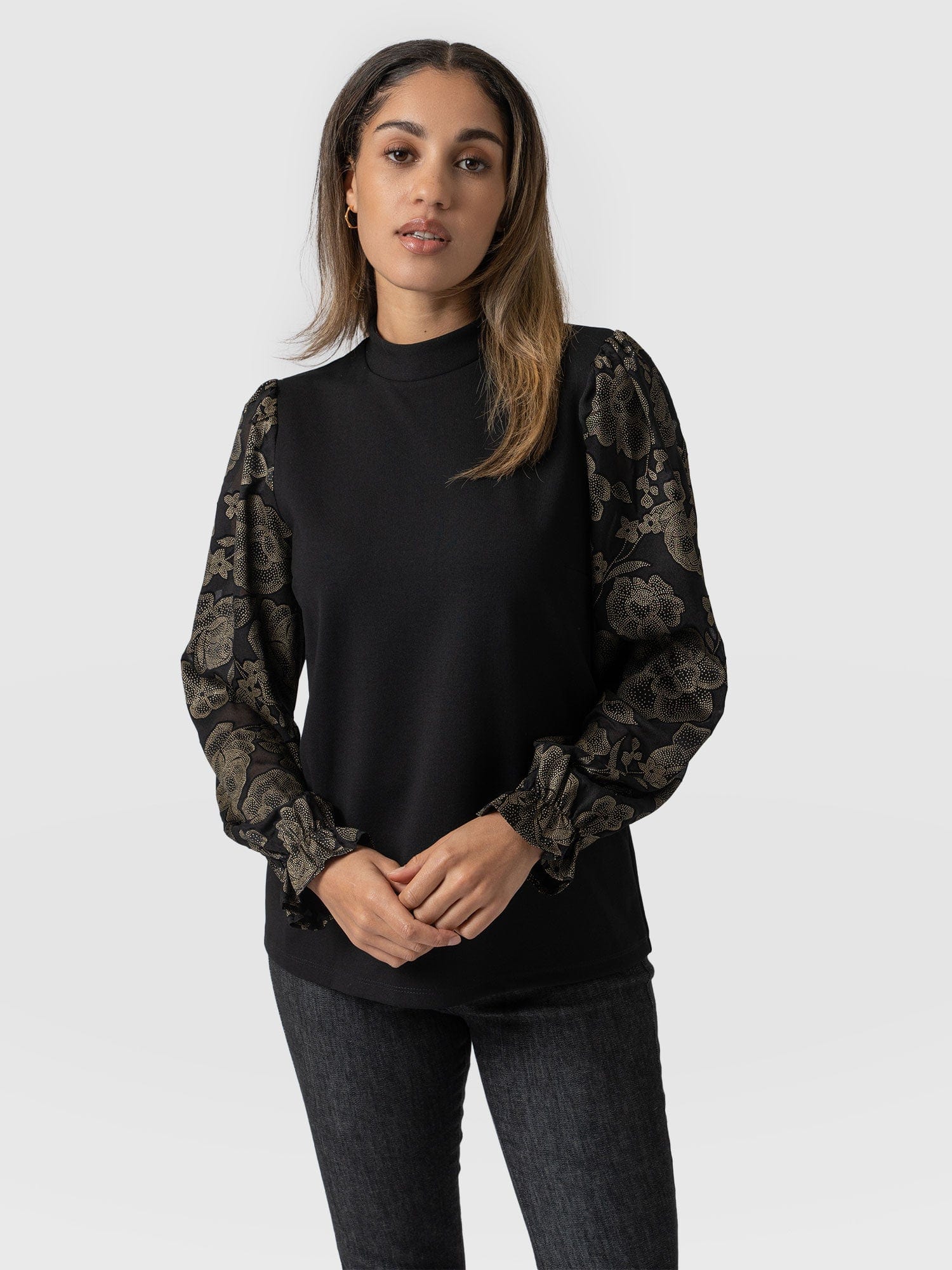 Penny Puff Sleeve Long Sleeve Top- Black & Gold Floral Burnout